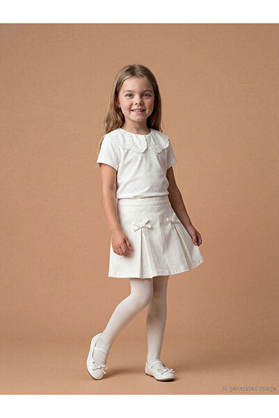 LC Waikiki Lcw Kids Ecru Girls Gabardine Shorts Skirt and Socks with Nevavm D...