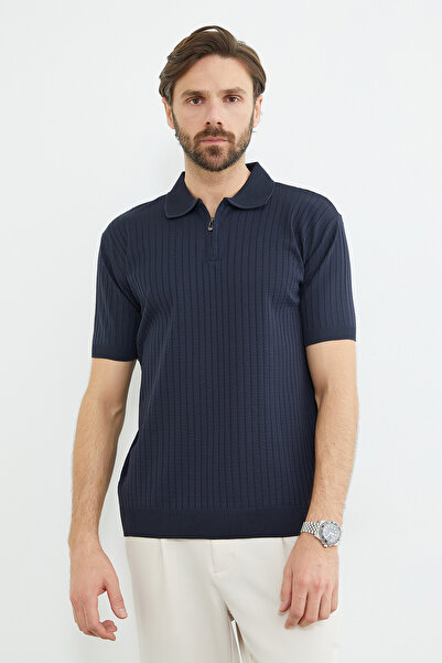 Fulla Moda κοτλέ Πλεκτό μπλουζάκι με λαιμόκοψη πόλο και μισό φερμουάρ