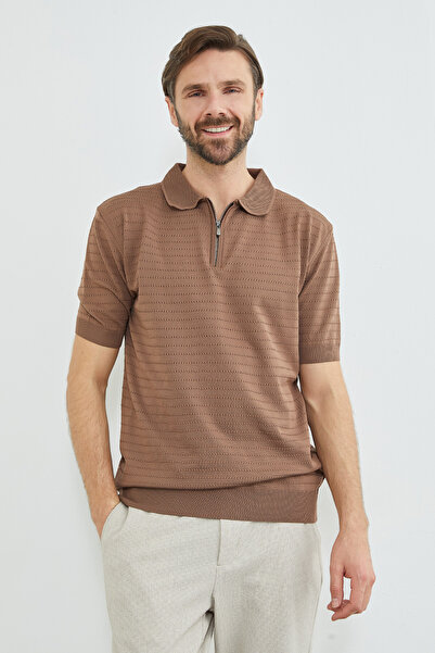 Fulla Moda Striped Half-Zip Polo Collar Knitwear T-Shirt