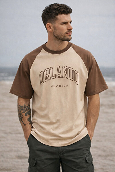 AEMİ Orlando Florida Printed Raglan Sleeve Beige Oversize T-Shirt