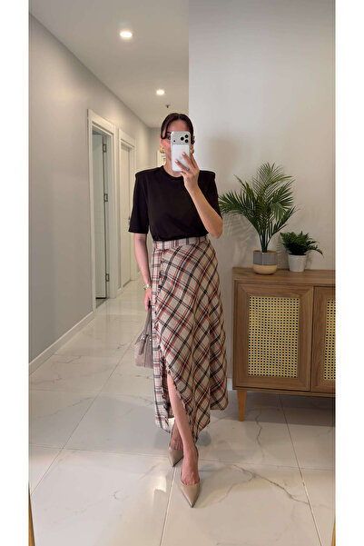 BİRCANÇİL Artel Μπεζ Πορτοκαλί Λινή Καρό Φούστα με Λεπτομέρεια Σκίσιμο