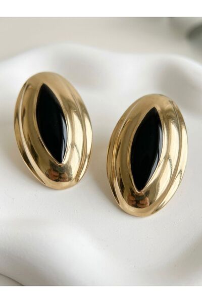 Siyah Kemik Detay Vintage Gold Küpe