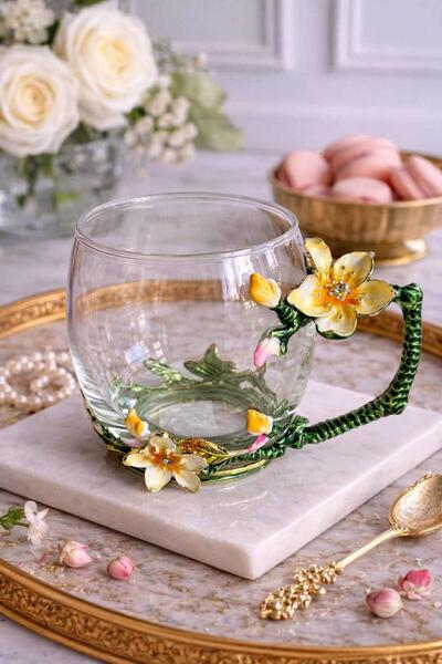 ROSSEV Dekoratif Cam Kupa Flore Bloom-Metal Kulplu 200ml