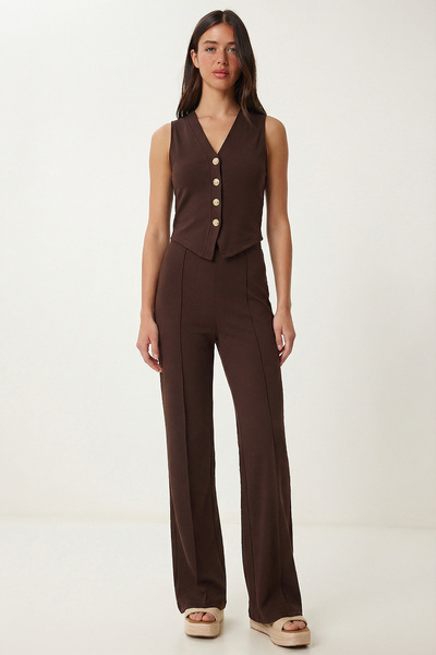 Lovelyİstanbul Σετ παντελονιού με χρυσά κουμπιά και γιλέκο από μοντάλ LBY0053...