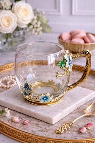 ROSSEV Dekoratif Cam Kupa Flore Shine-Metal Kulplu 200ml