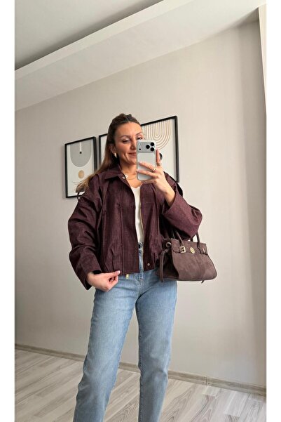 TB Butik Μπουφάν Bomber από τζιν σε μπορντό χρώμα με φερμουάρ