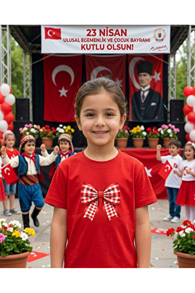 LORVEX Μπλουζάκι με θέμα την 23η Απριλίου με κόκκινη καρό κορδέλα με στάμπα γ...