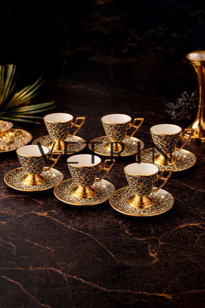 VETRİN 6'Lı Porselen Lüx Leopar Desenli Altın Yaldızlı Kahve Fincan Takımı I ...