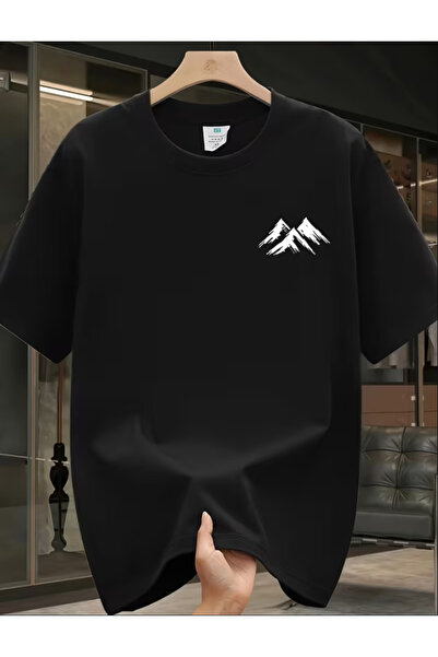LİNA06 Men's t-shirt, Men'S Black Cotton T-Shirt with Mountain Graphic - Prin...