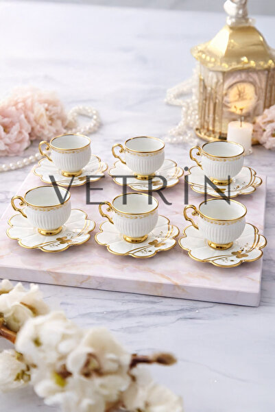 VETRİN 6-Piece Porcelain Luxury Stylish Gold Gilded Coffee Cup Set I 90 Cc I
