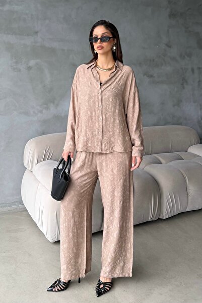 BEJNA Γυναικείο Σετ Πουκάμισο και Παντελόνι με Ανάγλυφο Σχέδιο