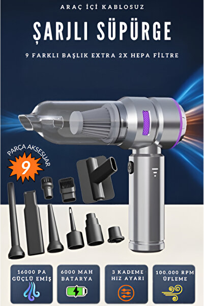 nextbuy Kablosuz Araç İçi Şarjlı Süpürge 16000PA Güçlü Vakum Taşınabilir Fırç...