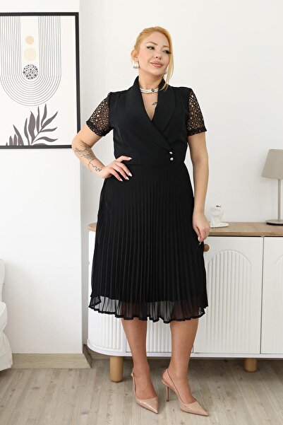 Siyezen Βραδινό φόρεμα με δαντελένια μανίκια και πλισέ φούστα από σιφόν σε με...