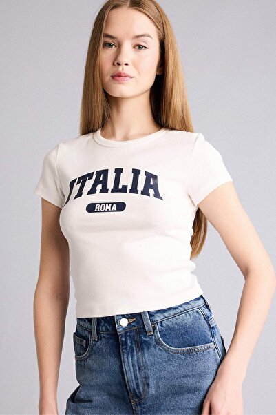 DeFacto Εφαρμοστό μπλουζάκι με λαιμόκοψη ποδηλάτου και στάμπα, με κοντά μανίκ...