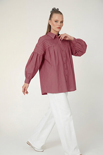 Suede Style 5141 - Κομψό, άνετο γυναικείο μακρύ πουκάμισο με λεπτομέρειες