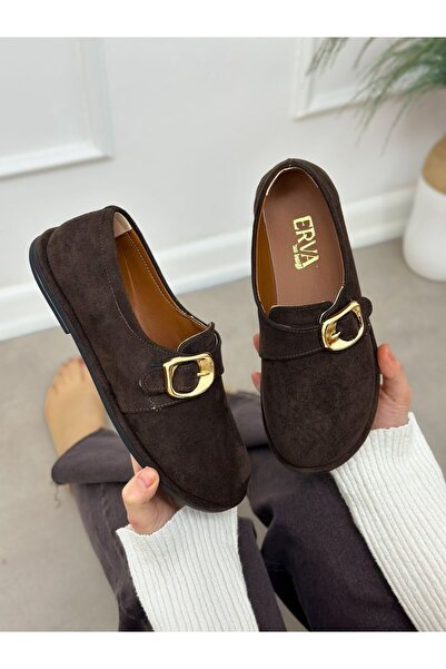ERVANIN BUTİĞİ Brown Suede (Ivey) Gold Buckle Detail Women's Casual Shoes