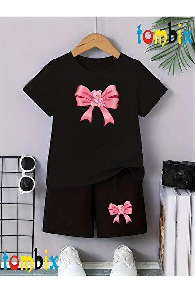 tombix Pink Ribbon Printed T-Shirt Shorts Summer Children's Set