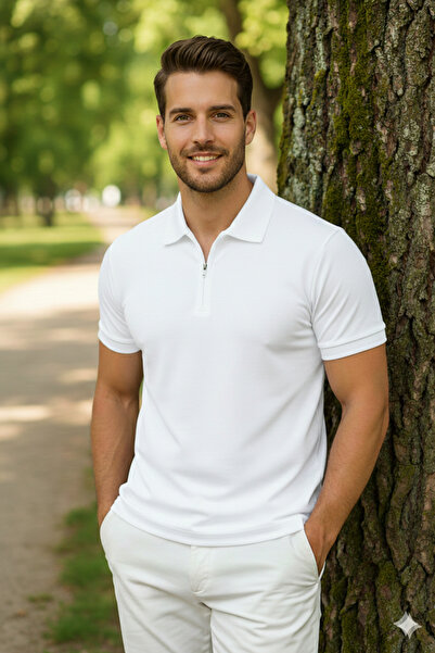 LiyAdaCo Men's Half Zipper White Polo Collar T-Shirt