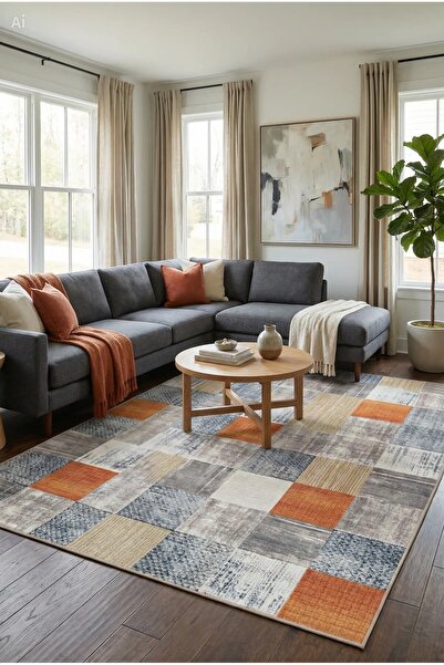 MENTEŞ HOME Dijital Baskı Pastel Patchwork Desenli Kaymaz Taban Yıkanabilir M...