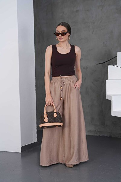 NEW JOURNAL Γυναικείο μπεζ παντελόνι με ελαστική μέση και δέσιμο στη μέση PC021