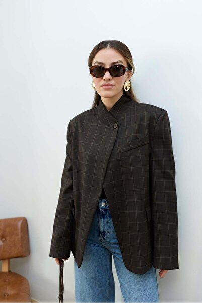 Zey Studio Γυναικείο καρό μπλέιζερ σε καφέ χρώμα με γιακά και ένα κουμπί