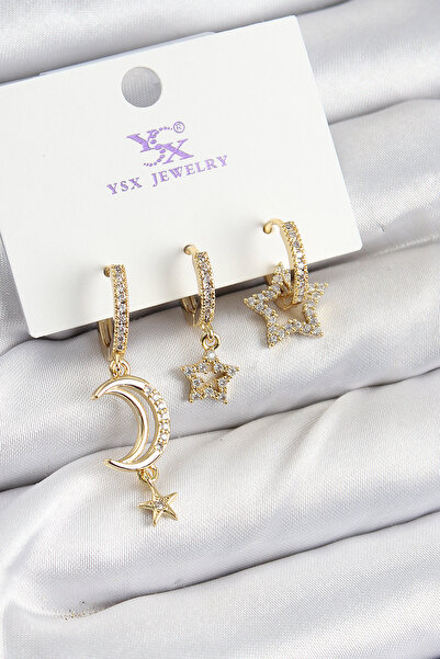 Nehir Stylish Brass Zircon Stone Moon and Crescent Model Gold Color 3-Piece W...