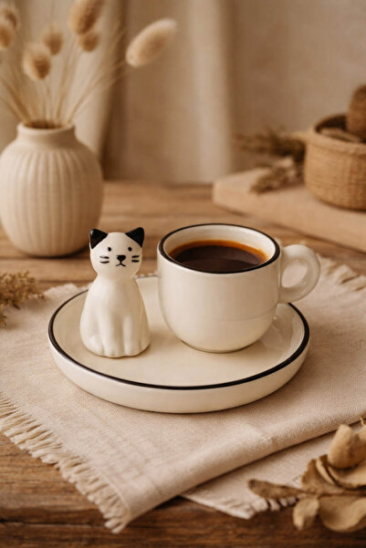 Anadolu Saray 1'li Minimal Kedi Figürlü Seramik Kahve Fincanı Takımı Şık Mode...