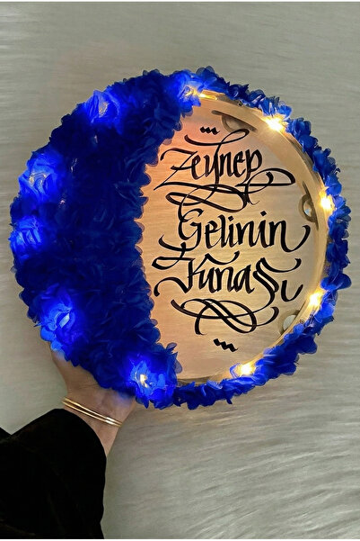 ZEYMERADE Saks Mavi Ledli Şeffaf Gelin Tefi 32cm, 3d Çiçek Süslemeli, Düğün S...