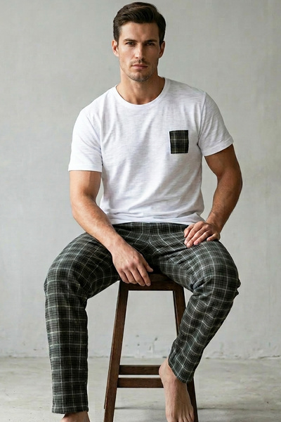 Siyah İnci εκρού χακί Πλεκτό κοντομάνικο σετ πιτζάμες με καρό σχέδιο και κέντ...