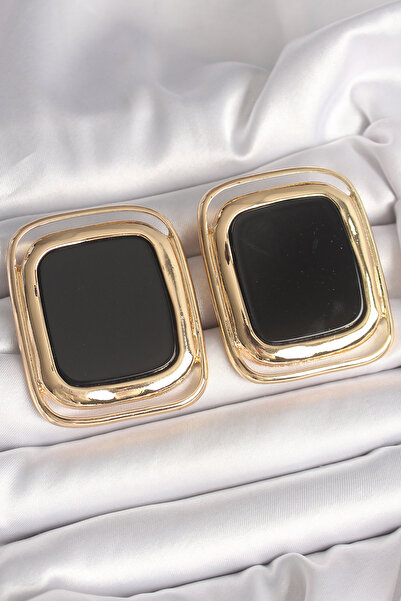 Nehir Stylish Brass Gold Color Black Enamel Square Model Women's Earrings Tea...