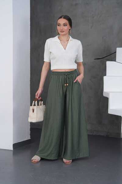 NEW JOURNAL Γυναικείο Χακί Παντελόνι με Ελαστική Μέση και Δέσιμο στη Μέση PC021