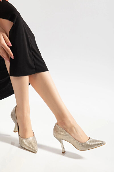 ElloLita K-114 Γυναικεία παπούτσια με χρυσό σχέδιο πουά, μυτερή μύτη και τακούνι