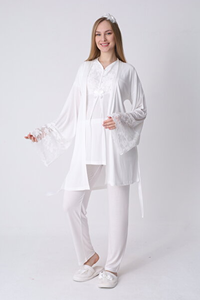 ERDENİZ TEKSTİL Φαρδύ μπουρνούζι με δαντελένια μανίκια και σετ πιτζάμες θηλασ...