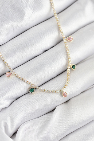 Nehir Stylish Brass Zircon Stone Waterway Drop Model Gold Color Women's Neckl...