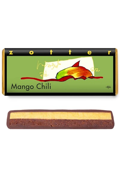 ZOTTER CHOCOLATE Σοκολάτα γάλακτος μαύρη γεμιστή με μάνγκο και τσίλι, βιολογι...