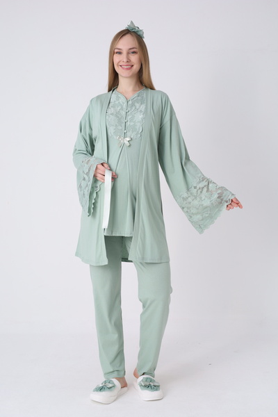 ERDENİZ TEKSTİL Φαρδύ μπουρνούζι με δαντελένια μανίκια και σετ πιτζάμες θηλασ...