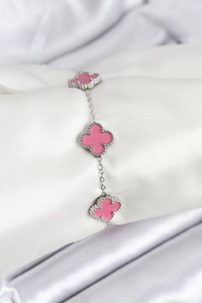 Nehir Stylish 316L Steel Silver Chain Pink Color Clover Bracelet Teachers Mot...