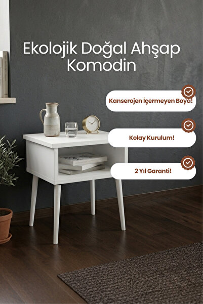 RENAZZO Modern Masif Ahşap Komodin - Raf Detaylı İskandinav Tasarım