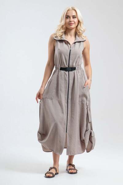 Bold & Young Rochie de damă, bej, cu buzunare, fără mâneci, cu fermoar și cat...