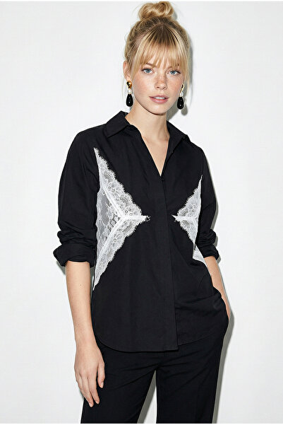 Bianco Lucci Γυναικείο πουκάμισο με δαντέλα στη μέση και λεπτομέρεια με δέσιμ...