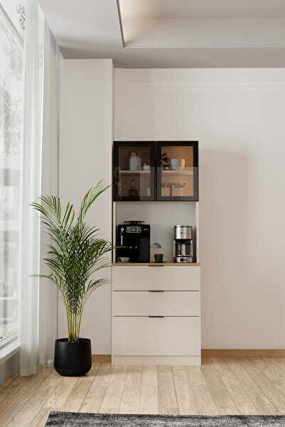 Evdemo Sierra Temperli Cam Kapaklı Ledli Kahve Köşesi Mutfak Kiler Dolabı Viz...