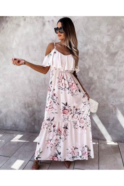 Modayakamoz Γυναικείο φόρεμα με ροζ σχέδιο, μάξι μήκους, από μικρούχο ύφασμα