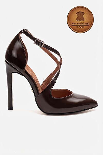 Ayakkabı Ateşi Γνήσιο δερμάτινο καφέ λουστρίνι με μυτερή μύτη και ψηλό λεπτό ...