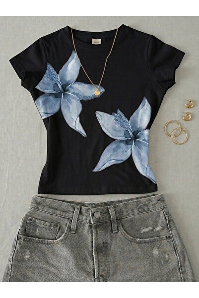 NİCE Women's Floral Printed - Lycra Short Sleeve Body Tee Crop