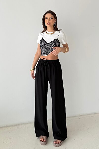 BEJNA Γυναικείο μαύρο παντελόνι με φαρδιά μπατζάκια και υφαντό ύφασμα