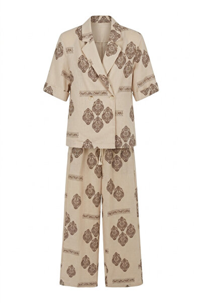 HAZELANNA Σετ Σακάκι-Παντελόνι με Σχέδια σε Εκρού Απόχρωση