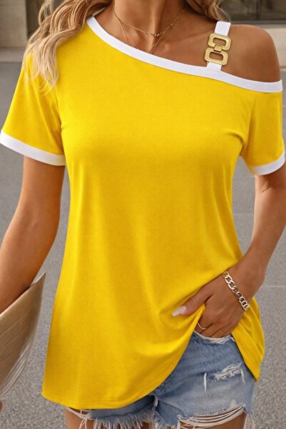 JANES Γυναικεία κοντομάνικη μπλούζα με έναν ώμο Με λεπτομέρεια αγκράφας Βισκόζη