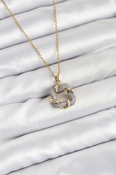 Nehir Stylish 316L Steel Chain Gold Color Zircon Stone Spiral Model Women's N...