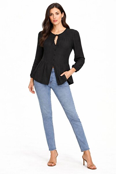 LE CARAMBOLE Γυναικείο μαύρο πουκάμισο μουσελίνας με δεμένο γιακά και ελαστικ...