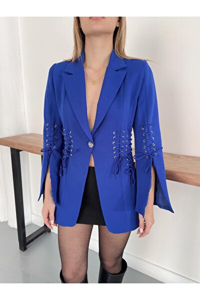 diaves Mavi Bağcık Detaylı Kruvaze Kesim Dokuma Kumaş Blazer Ceket